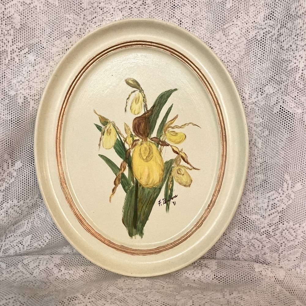 Chalk-ware Plaque with Flowers-Lady Slippers. MCM/Vintage